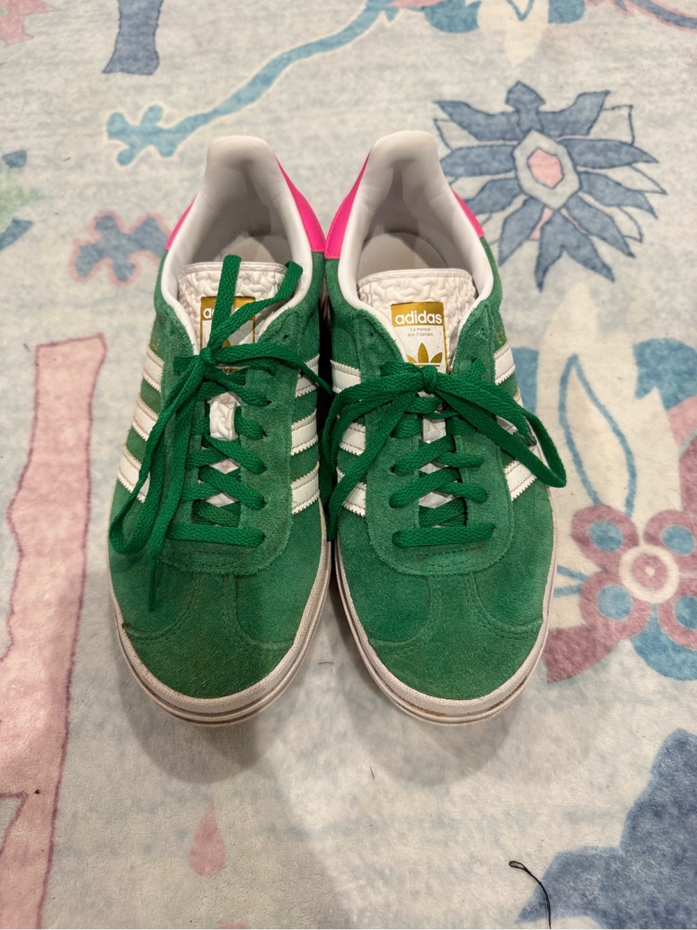 adidas Green Suede Sneakers with White Stripes and Pink Heel